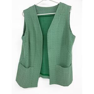 Open Front Vest 60s 70s Green Houndstooth Patterned Slip Pockets Sleeveless L
